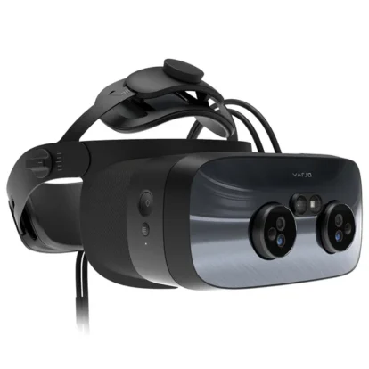 Varjo VR headset with dual front cameras and adjustable head strap for immersive virtual reality.