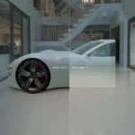 White sports car displayed in a bright showroom with a glass staircase in the background; a translucent panel overlays the car with the text 'varjo xr-3 hololen 2'.
