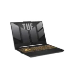 Asus tuf gaming laptop open, black chassis with gold backlit keyboard, angled view
