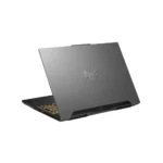 Slim gray gaming laptop shown from the back-left, lid closed with a geometric logo on the top cover and rear cooling vents visible behind the keyboard.