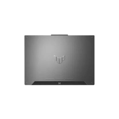 Closed metallic laptop seen from the back with a centered logo and vent strip along the lower edge.