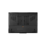 Rear view of a black laptop showing a large ventilation grille and orange triangle indicator centered on the chassis.
