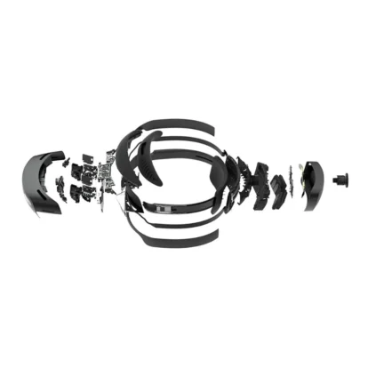 Exploded diagram of a headset showing internal components separated along a central axis (assembly breakdown).
