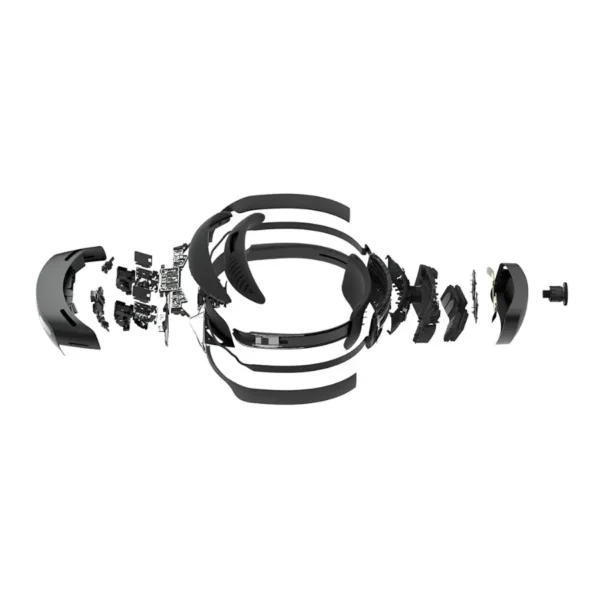 Microsoft hololens 2 mixed reality device -njx-00001 -02 Exploded diagram of a headset showing internal components separated along a central axis (assembly breakdown).