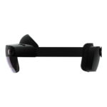 Side view of a sleek black augmented reality headset with a curved visor and headband.
