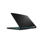 Black gaming laptop with teal backlit keyboard, opened at a wide angle.