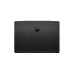 Closed black gaming laptop seen from the back, featuring angular side vents and a circular logo in the center.