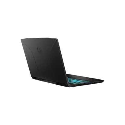 Black gaming laptop, open and angled show keyboard with teal backlight on a white background