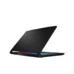 Black gaming laptop partially open, with rainbow rgb keyboard lighting visible on a sleek, angular chassis.