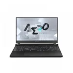 Laptop on a white background, open with an abstract geometric composition on the screen and a visible keyboard.