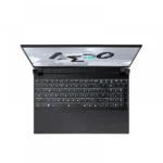 Top-down view of a black laptop open on a white background, showing a full keyboard and touchpad area