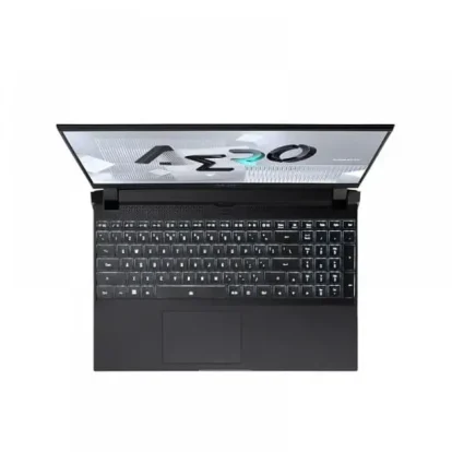 Top-down view of a black laptop open on a white background, showing a full keyboard and touchpad area