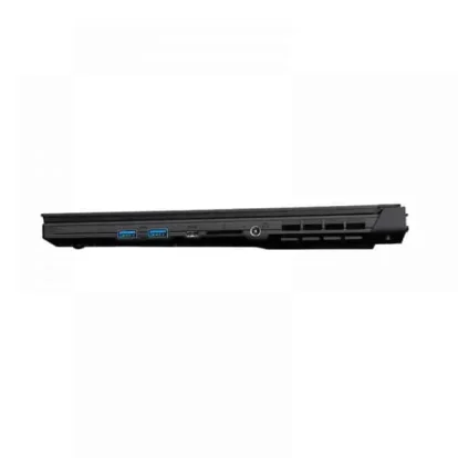 Slim black laptop viewed from the left side, showing two blue USB-A ports, a power connector, and side vents/grille.