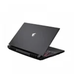 Angled view of a black gaming laptop, lid closed with a white logo, and red-backlit keyboard visible at the base.