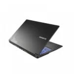 Black gigabyte laptop, angled open with blue backlit keyboard and visible ports on the side.