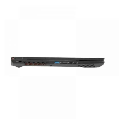 Side view of a black gaming laptop with red accents, showing USB-A, USB-C, HDMI and Ethernet ports along the left edge and ventilation on the right side
