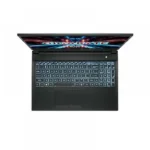 Top-down view of a black gaming laptop open with a colorful, illuminated screen and backlit keyboard.