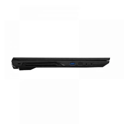 Side view of a black laptop showing multiple ports along the right edge, including a blue USB 3.0 port and other connectors