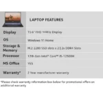 Laptop specs table: display, os, storage, processor, ms office, and warranty with a laptop image on the left.