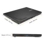 Closed gigabyte gaming laptop with orange dimension lines showing: length 238 mm, width 360 mm, height 227 mm.