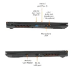 Side view of a laptop with labeled ports: usb 2. 0 type-a, usb 3. 2 gen 1 type-a, 2-in-1 audio/mic jack, microphone jack, microsd card reader, and rj-45 lan port.