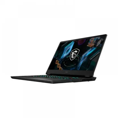 Open black MSI gaming laptop with teal backlit keyboard, angled to show the screen displaying neon graphics and MSI emblem on the palm rest.