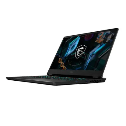 Gaming laptop open at a slight angle, black chassis with RGB backlit keyboard and MSI logo on the screen bezel against a white background