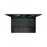 Top-down view of a black gaming laptop open with a rainbow rgb keyboard lighting.