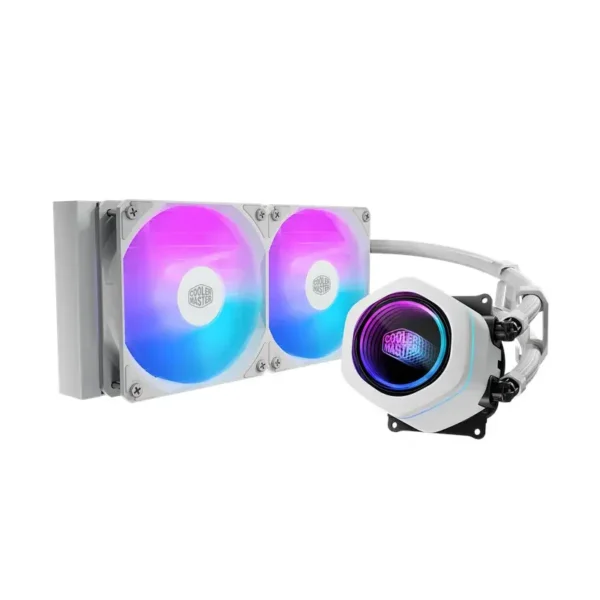 Rgb liquid cpu cooler with two 120mm fans and a circular pump block