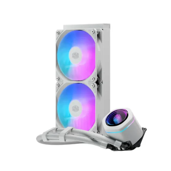 Rgb liquid cpu cooler with two 120mm fans and a pump unit, white/gray housing, ready for installation