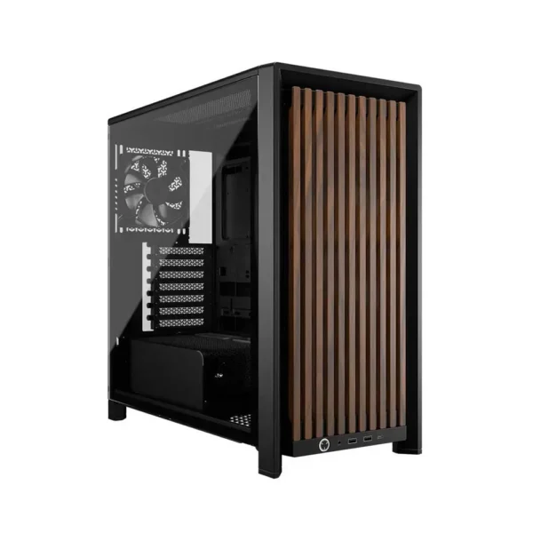 Black mid-tower pc case with a tempered glass side panel and a wood-grain slatted front panel on the right side of the case.