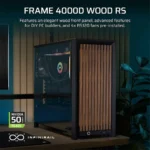 Front view of the frame 4000d wood rs pc case with a wood-front panel and a transparent side showing internal components.