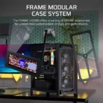 Open-frame pc tower with modular panels detached to reveal internal components and rgb lighting on a desk.