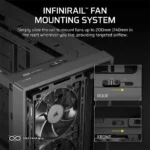 Diagram of the infinirail fan mounting system showing rail slide method and labeled roof and front guides for up to 200 mm fan installation.