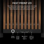 Front i/o panel with wooden slats: power button, 3. 5mm audio jack, two usb 3. 2 gen 1 type-a ports, and a usb-c gen 2x2 port.