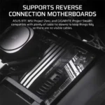 Close-up of a pc motherboard inside a case, highlighting tidy cable management and support for reverse-connection motherboards.