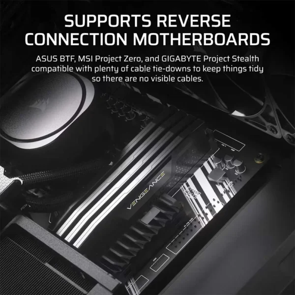 Close-up of a pc motherboard inside a case, highlighting tidy cable management and support for reverse-connection motherboards.