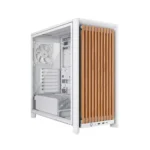 White computer case with a glass side panel and a wooden slatted front panel.