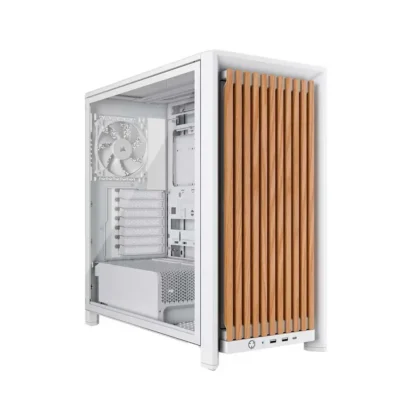 White computer case with a glass side panel and a wooden slatted front panel.