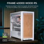 Pc case with white frame and vertical wood front panel, showing internal components; marketed as frame 4000d wood rs with nvidia 50 ready.