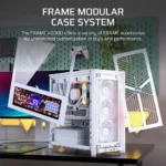 Advertisement for a frame modular case system featuring a white modular pc tower with detachable panels and accessories surrounding it.
