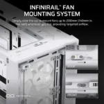 Infinirail fan mounting system—white hardware with a large cooling fan; text shows you can slide the rail to mount fans up to 200mm (140mm in the roof) for targeted airflow. Insets labeled roof and front illustrate mounting directions.