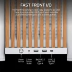 Front i/o panel with wooden slats showing power button, 3. 5mm combo audio jack, two usb 3. 2 gen 1 type-a ports, and one usb 3. 2 gen 2 type-c port.