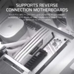 Promotional image showing pc motherboard components with the headline 'supports reverse connection motherboards' and compatibility notes about asus btf, msi project zero, and gigabyte.