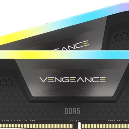 Ddr5 ram module with airborne rgb light strip and dark brushed metal heat spreader, labeled vengeance ddr5.