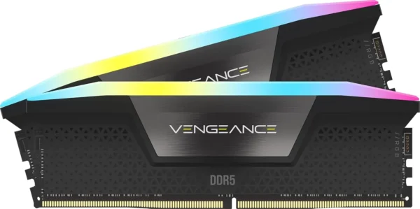 Ddr5 ram module with airborne rgb light strip and dark brushed metal heat spreader, labeled vengeance ddr5.