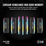 Ram modules in a row with vivid rgb lighting; corsair vengeance rgb ddr5 memory promotion.