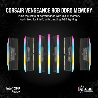 Ram modules in a row with vivid rgb lighting; corsair vengeance rgb ddr5 memory promotion.