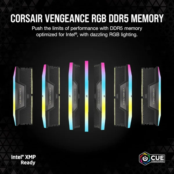 Ram modules in a row with vivid rgb lighting; corsair vengeance rgb ddr5 memory promotion.