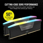 Ddr5 memory kit with rgb-illuminated heat spreaders and a bold yellow circle stating '50% more bandwidth than ddr4' on a dark patterned background (advertisement).